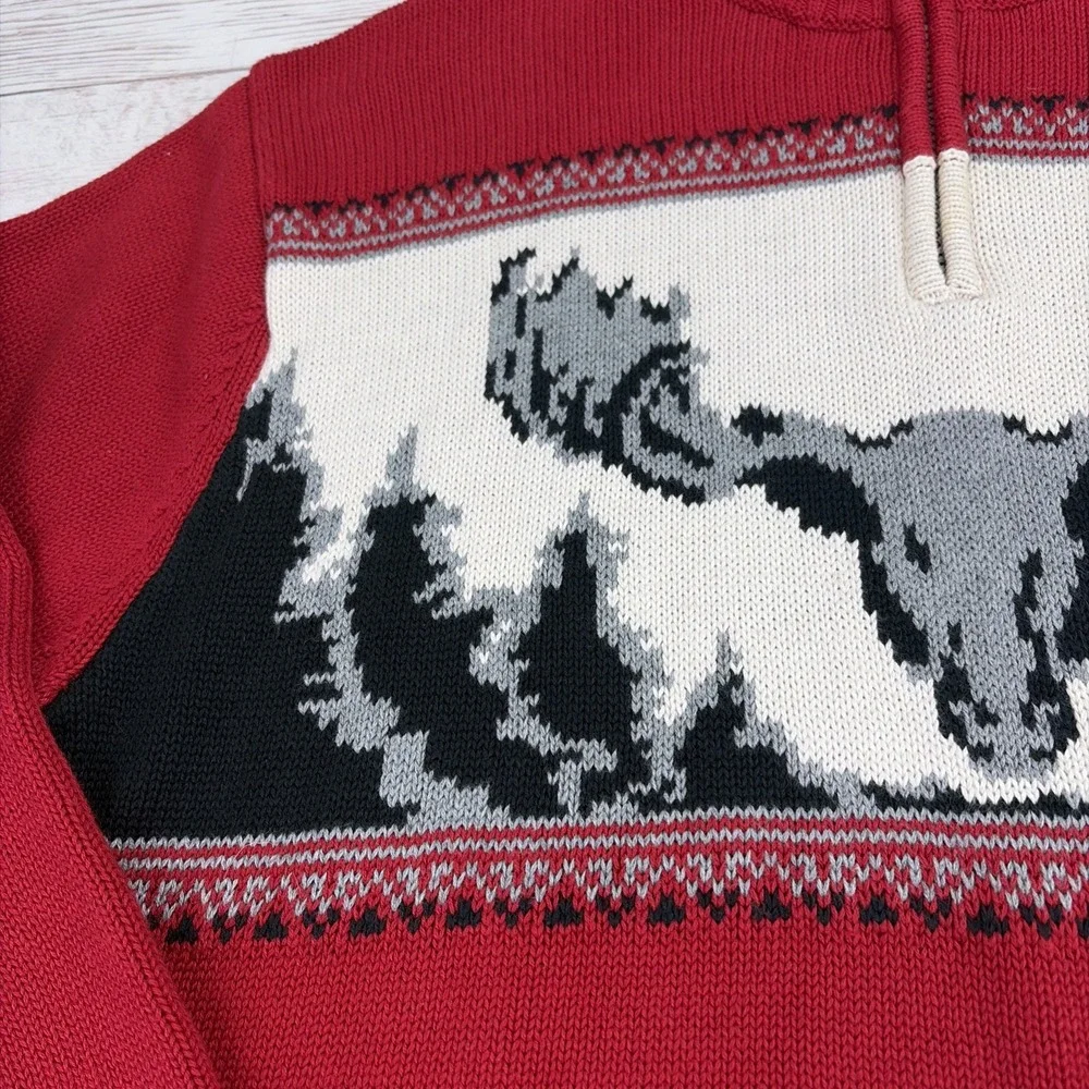 Chaps Men's XL 1/4 Zip Cotton Knit Cardigan Long Sleeve Moose Head Sweater Red